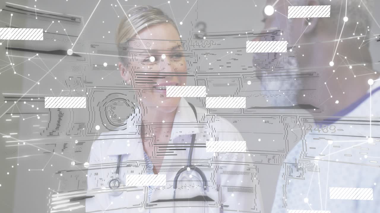 Doctor listening to patient input as digital nodes, data blocks overlaying for medical case review