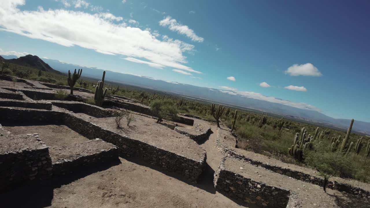 tomada de un avión no tripulado volando sobre las ruinas de quilmes en las remotas afueras de tucumán, argentina, cactus saguaro cultivado en la tierra árida