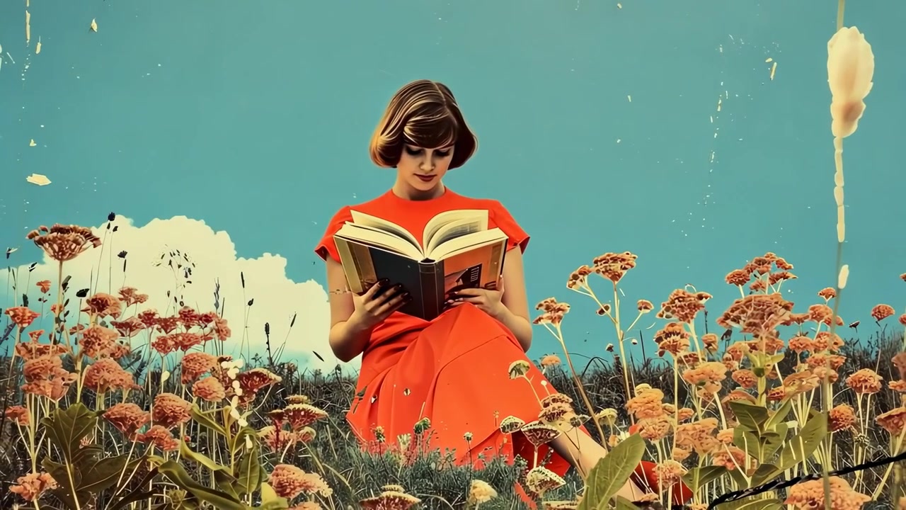Ung kvinne leser en bok på en blomstereng