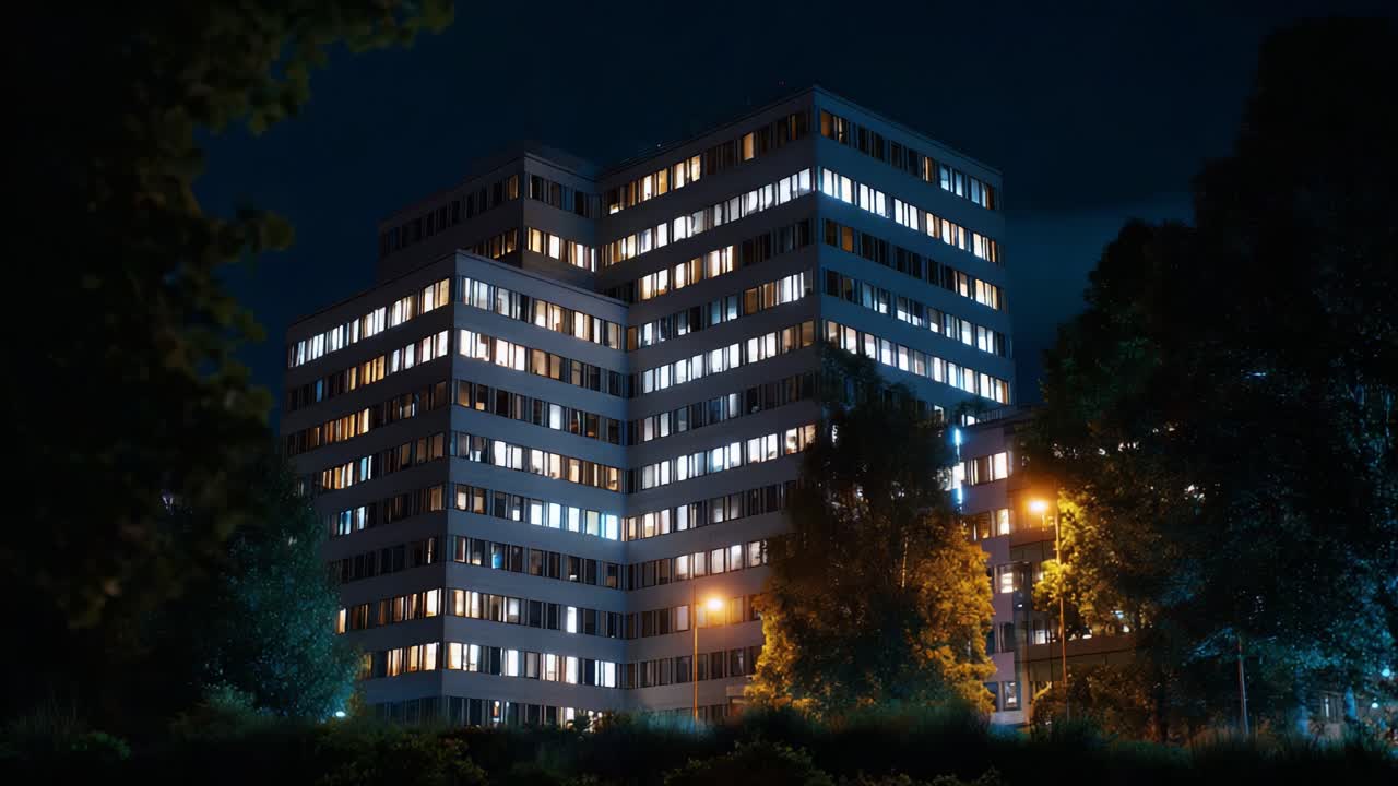 Splendida vista notturna di un edificio moderno con finestre illuminate, circondato da alberi e lampioni stradali, che mette in mostra l'architettura urbana e la bellezza della vita notturna