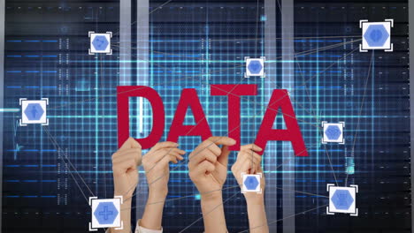 hands holding data text over digital network and data processing animation