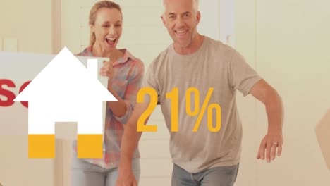 Animation-of-percent-and-house-icon-filling-up-with-yellow-over-couple-with-sold-sign-in-new-home