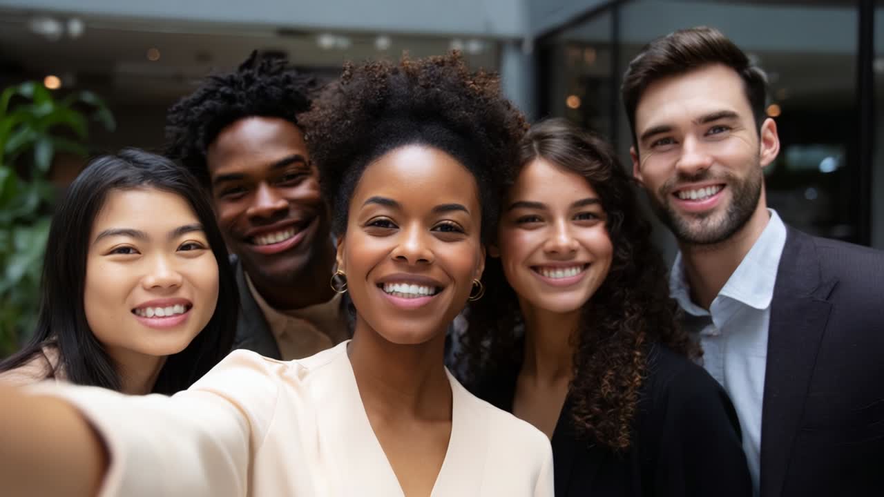 A joyful group selfie captures the spirit of friendship and connection among five diverse individuals smiling brightly in a modern indoor setting, showcasing a moment of togetherness and happiness