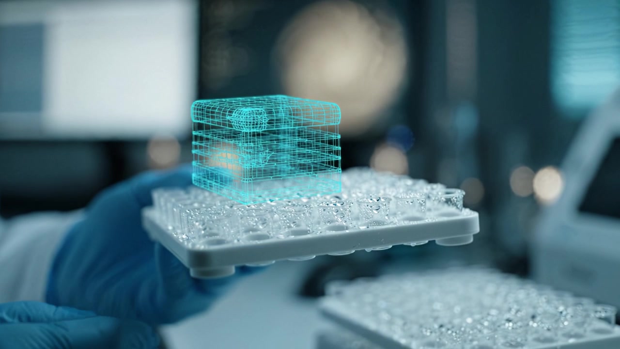 Researcher in a Lab Examining Transparent Sample Container with Digital Overlay in a High-Tech Environment Focused on Scientific Innovations and Data Analysis