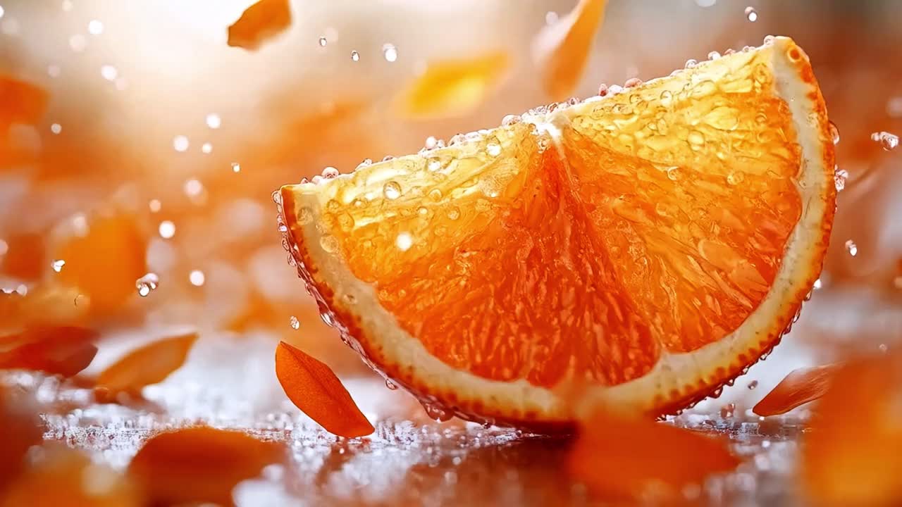 Vibrant Orange Slice with Water Droplets and Splashes