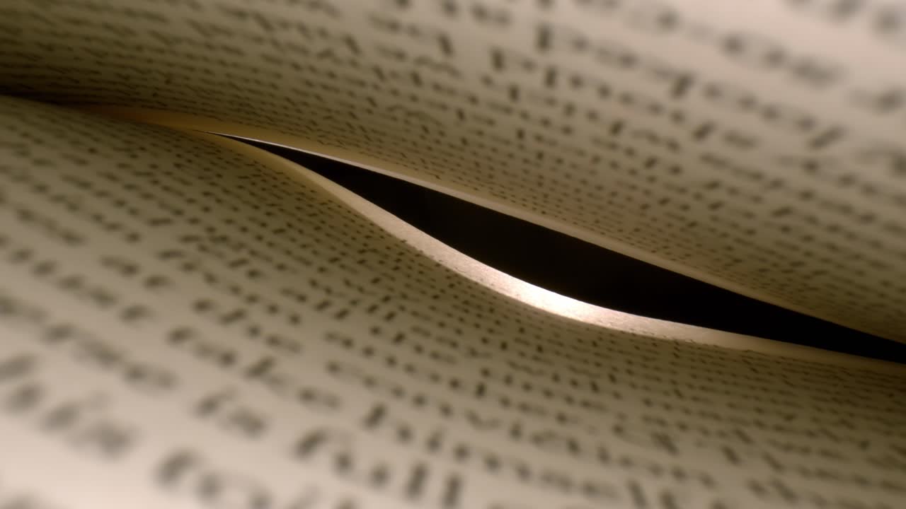 위쪽과 아래쪽 페이지가 있는 책 내부에서 시작하여 끝이 열리고 아래쪽 페이지를 스포트라이트로 비추는 백라이트가 표시되면서 책 안쪽으로 깊숙이 들어갑니다.