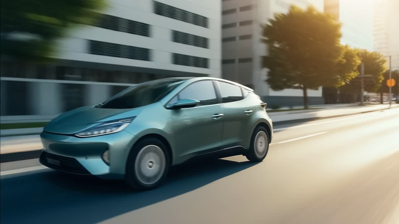 Carro Elétrico Moderno Trafegando em uma Rua Ensolarada da Cidade