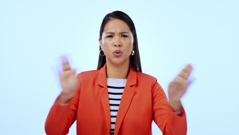 cara, mujer y señal de cruz para parar