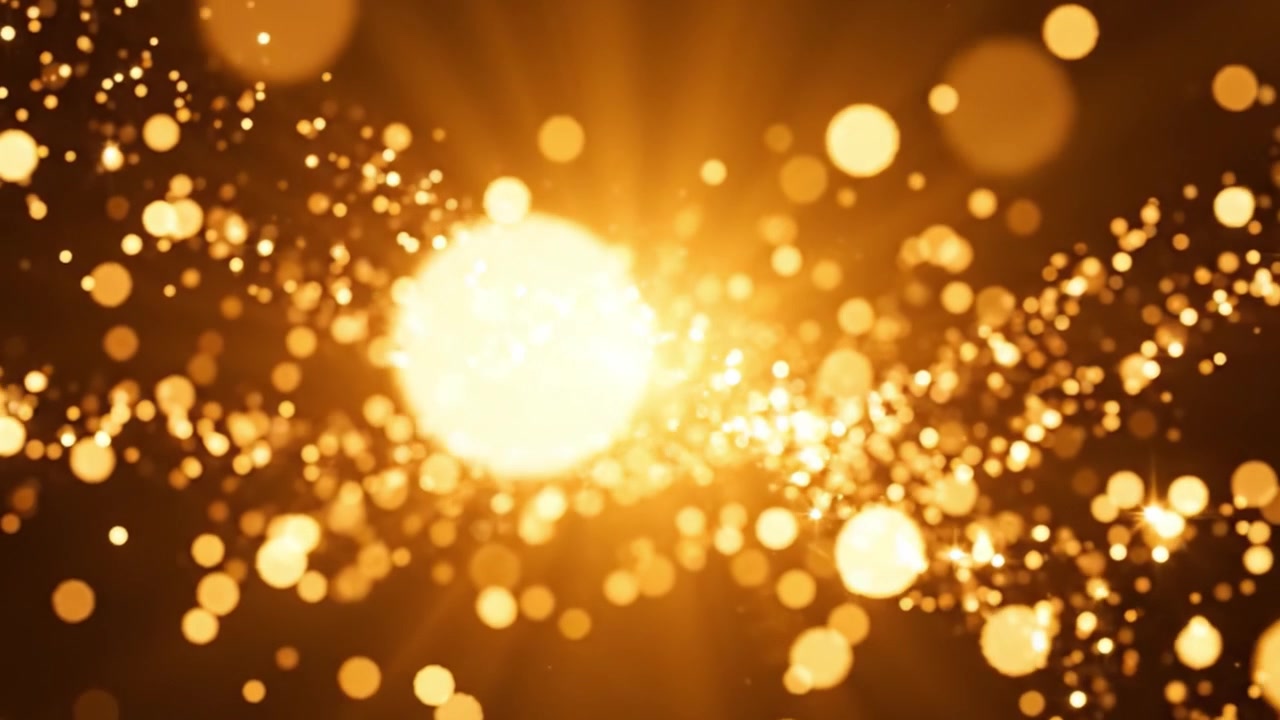 Una danza ipnotizzante di particelle dorate: un'esperienza visiva mozzafiato con scintille radiose e luce tremolante diffusa su uno sfondo scuro.