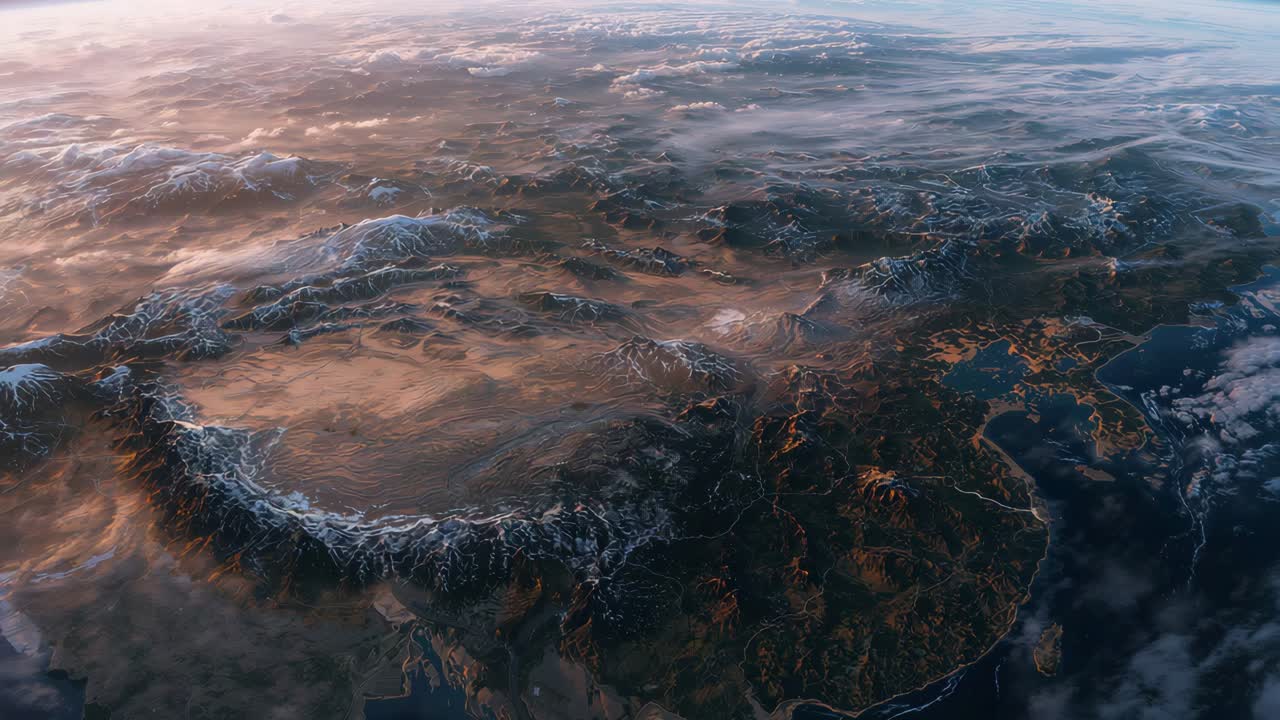 Aerial View of Earth with Mountains and Clouds