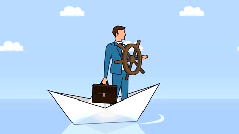 personaje de dibujos animados empresario con rueda de timón plana flotando en papel barco negocios control concepto de animación