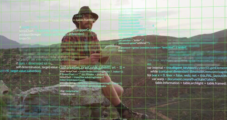 Man climbing rock and writing notes starting green grid overlay while analyzing code for technology