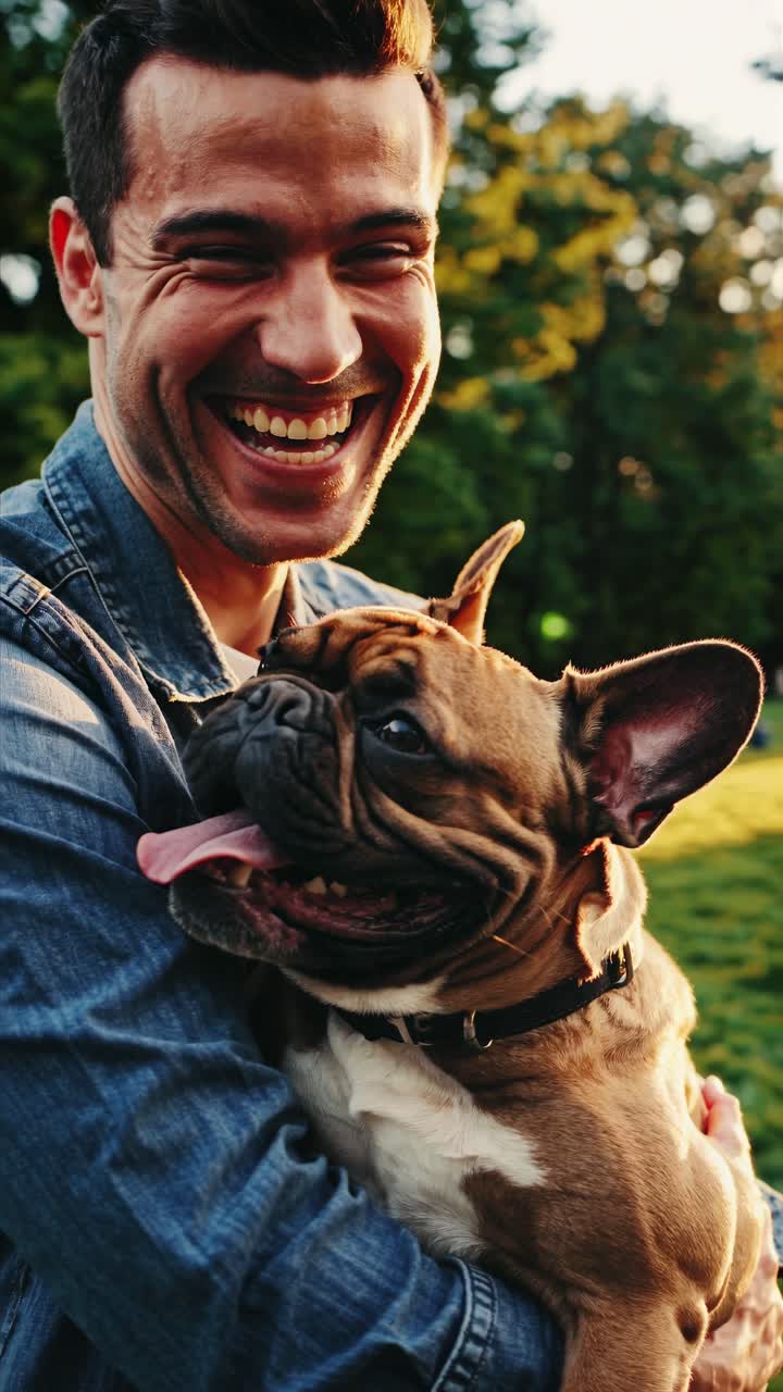 Un hombre alegre con un bulldog francés en un parque, capturado en un primer plano