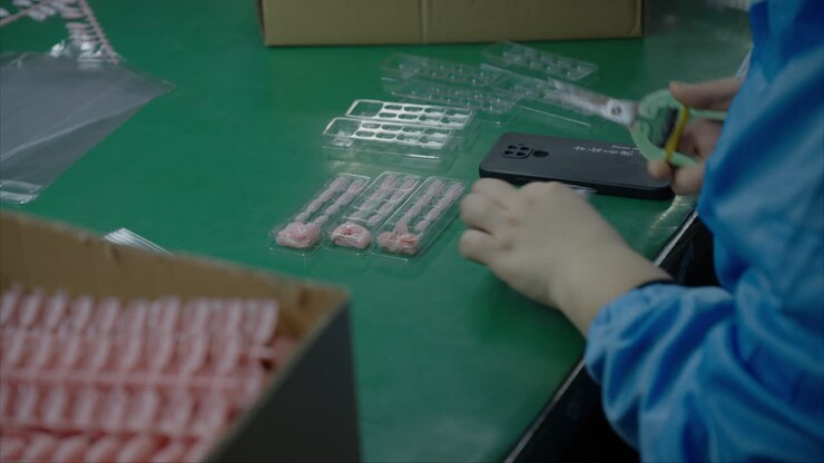 Artificial nails are packaged by hand in Chinese factory