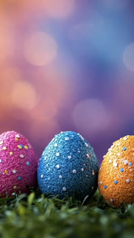 colorful easter eggs arranged on grass. colorful easter eggs with sprinkles line vibrant green grass, creating a festive spring vibe.