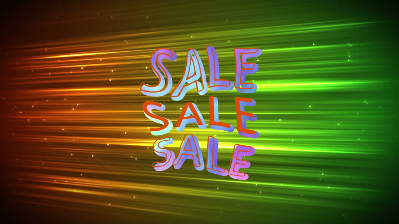 animación de venta en la flexión de texto de colores sobre rayos de luz naranja y verde en negro