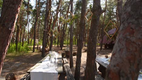 banquete de boda al aire libre en el bosque de pinos. mesas de comedor, bancos decorados en estilo boho con velas, flores, luces de hadas de primavera, platos, copas de vino, marcos de madera. decoración floral ecológica orgánica