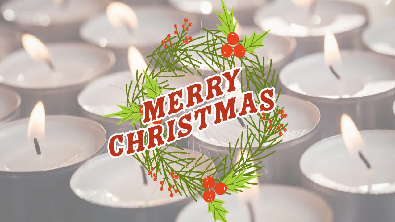 animación de saludos de navidad texto sobre velas de té de navidad y decoración.