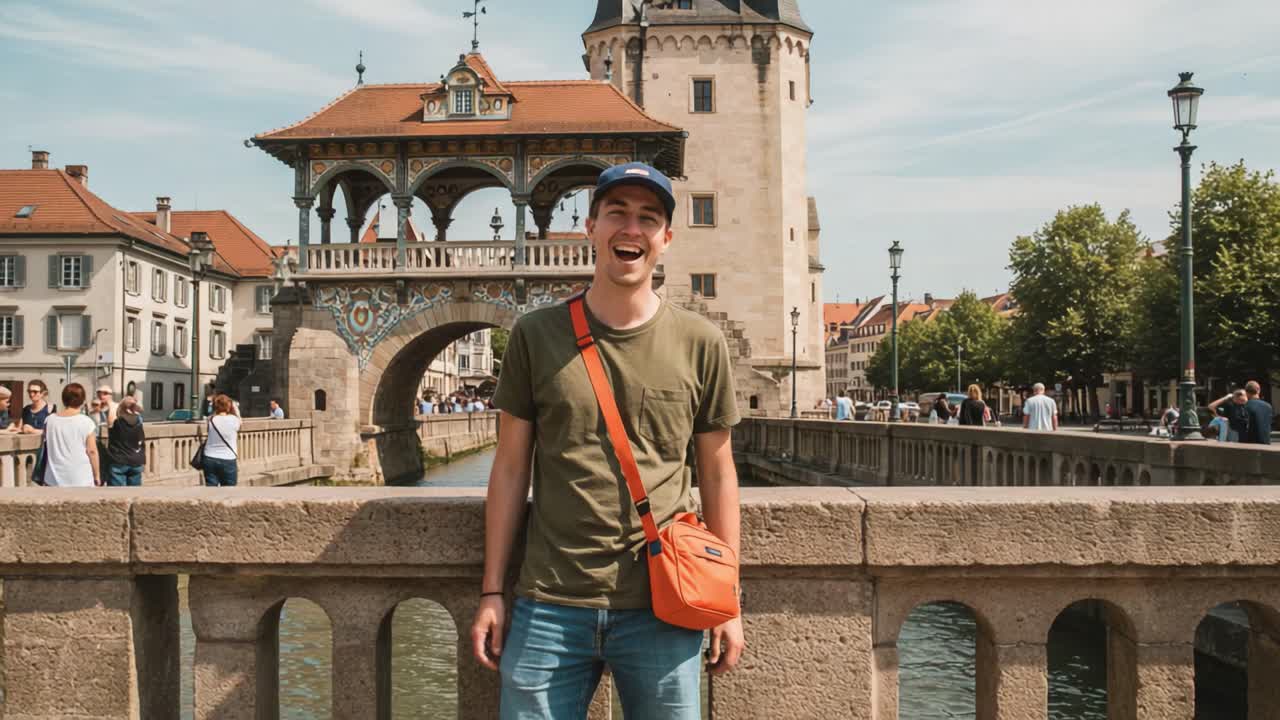 A Joyful Young Man Posing by a Historic Bridge and Tower on a Sunny Day, Capturing Memories and Happiness in a Vibrant Urban Setting