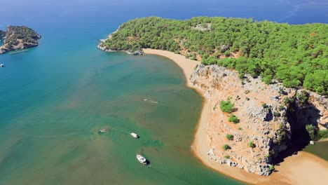 sunny view at iztuzu white sand beach and mediterranean sea, aerial footage, turkey