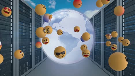 Multiple-face-emojis-floating-over-spinning-globe-and-computer-servers-against-clouds-in-sky