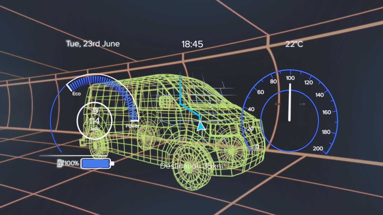 Car dashboard animation displaying speed, temperature, and navigation details
