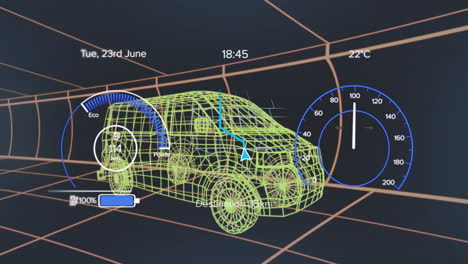 car dashboard animation displaying speed, temperature, and navigation details