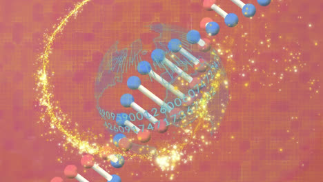 animation of light spots over dna strand and globe on red background