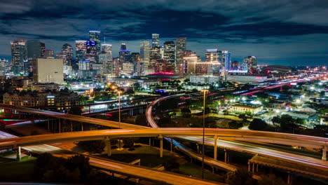 Hiperlapso-De-Drones-Sobre-El-Centro-De-La-Ciudad-De-Houston-Intersección-De-Autopistas-Autopista-69,-45-Interestatal