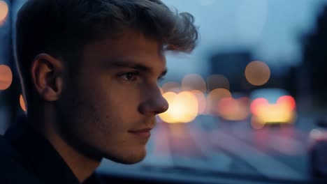 man looking out of window of car