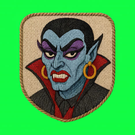 vampire embroidered patch design animation isolated asset, transparent 4k video, alpha channel