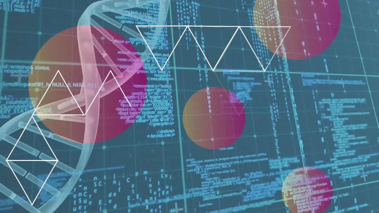 animación de la cadena de adn, globos y procesamiento de datos.