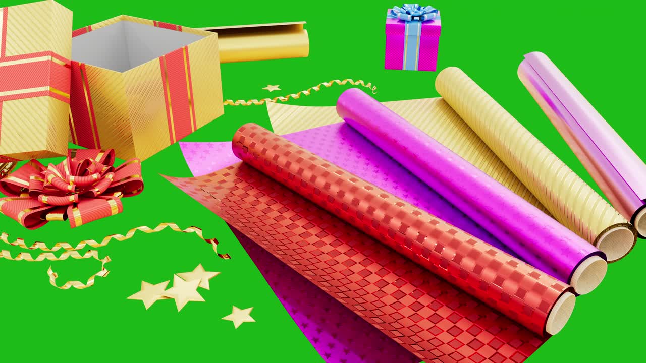 hermoso papel de embalaje de regalo y regalo en pantalla verde, aislado