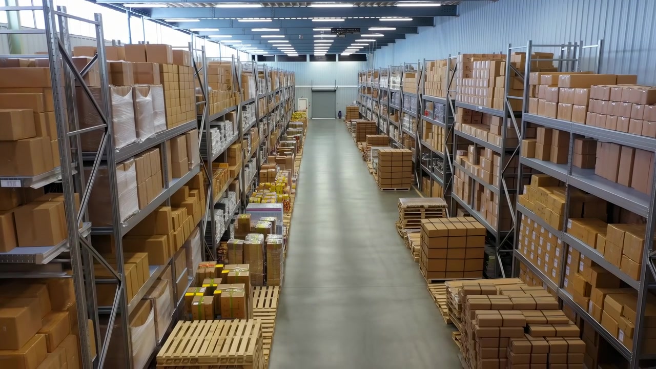 Ponto de vista central elevado por um longo corredor dentro de um grande centro de distribuição industrial, mostrando altas estantes de metal cheias de caixas de papelão marrom uniformes