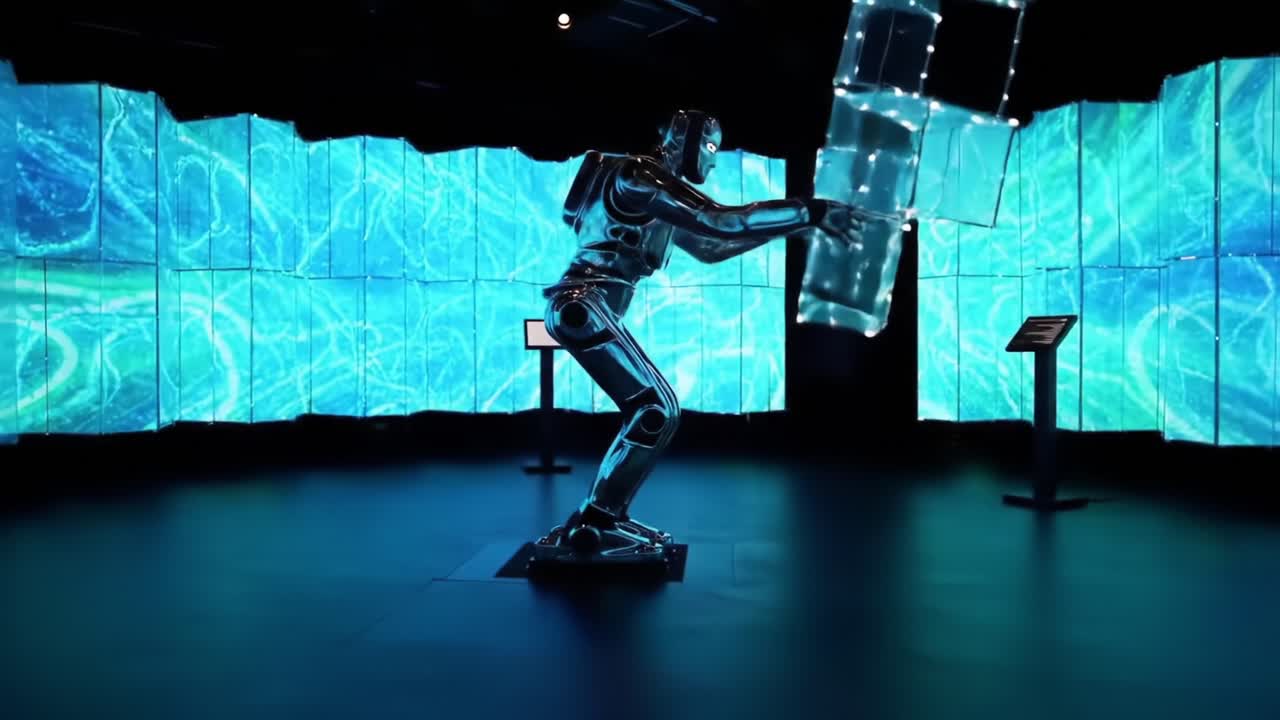 A striking showcase of advanced robotics, featuring a humanoid robot skillfully manipulating glowing cubes against a mesmerizing digital backdrop of swirling blue patterns