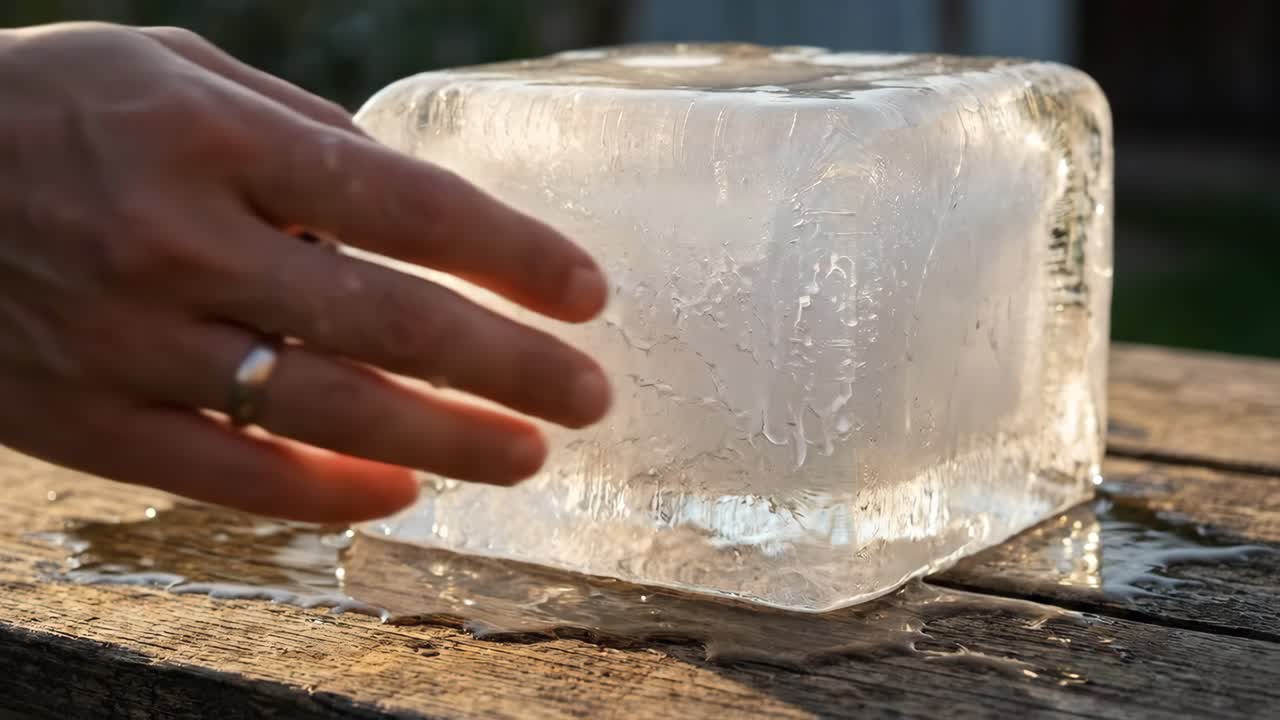 Mão tocando um cubo de gelo grande derretendo sobre uma mesa de madeira