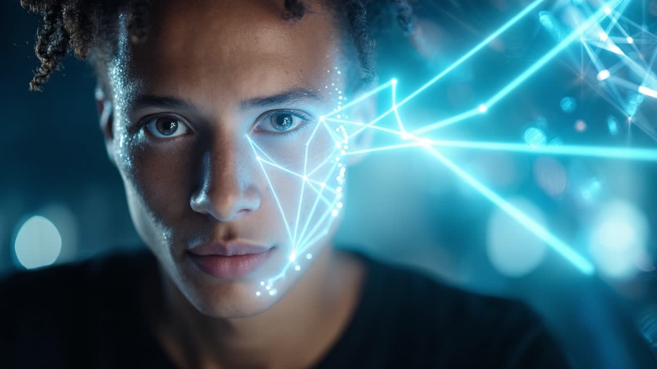 A Thoughtful Portrait: A Young Person's Intense Expression Merged with Futuristic Digital Graphs and Light, Highlighting Modern Technology's Impact on Human Emotions