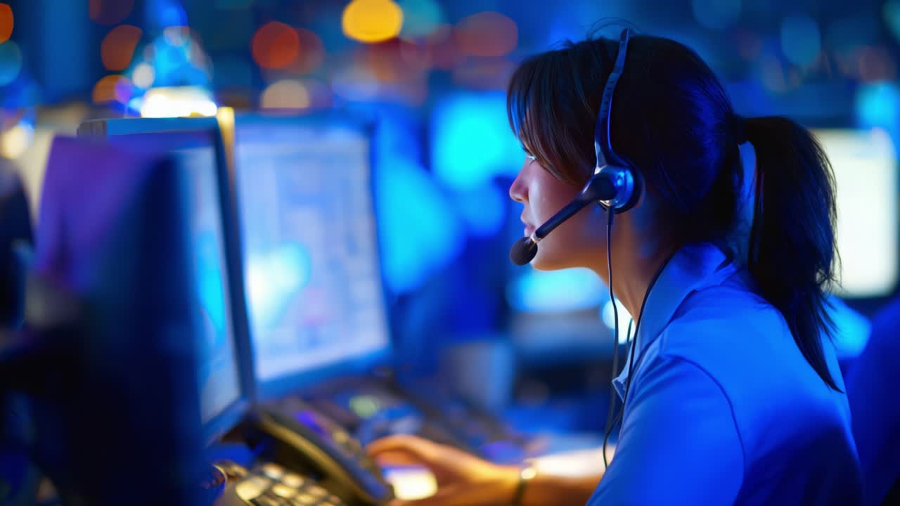 Dedicated Professional Engaged in a Customer Support Role with Headset, Surrounded by Technology and Vibrant Background in a Digital Environment