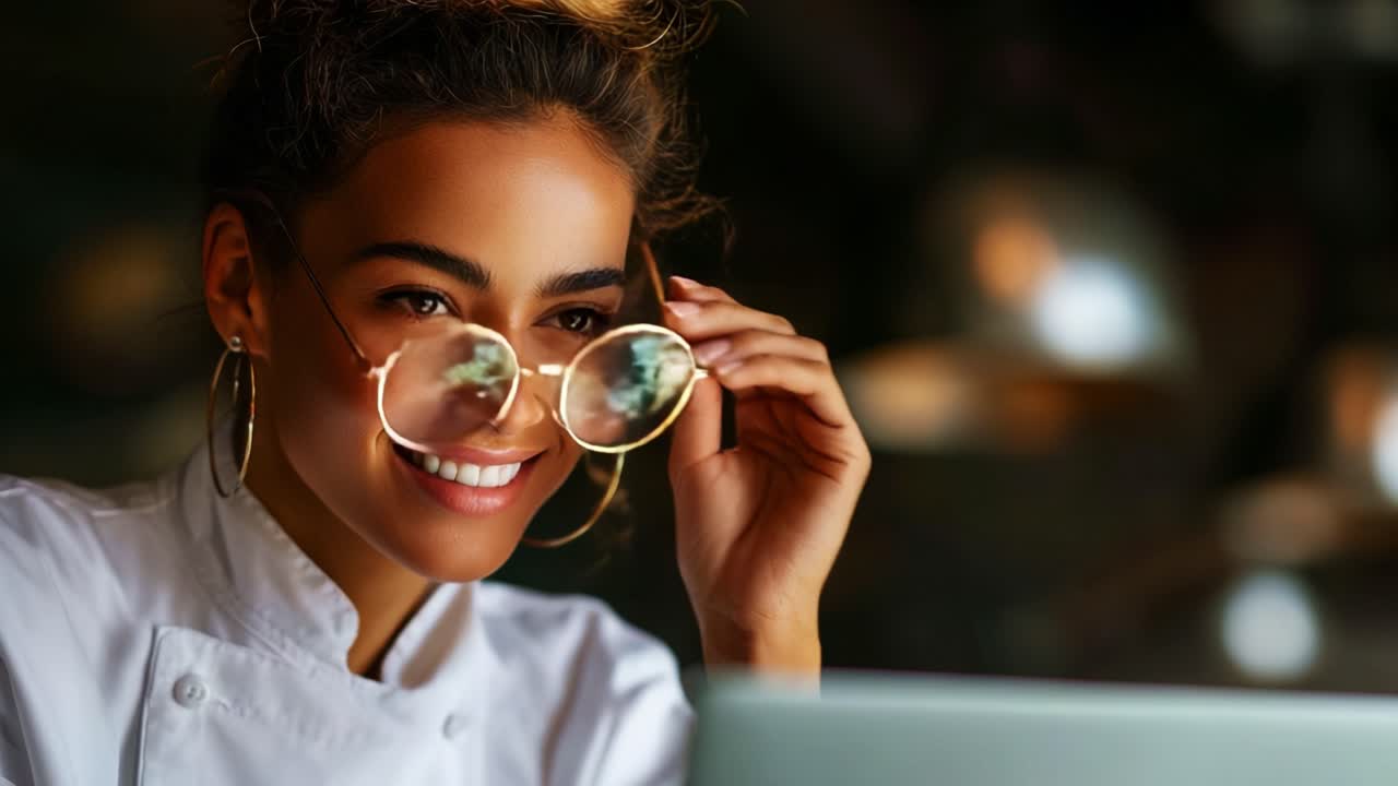 A Smiling Chef with Glasses Engaged in Cooking Inspiration on a Laptop, Showcasing Passion for Culinary Arts in a Cozy and Inviting Atmosphere with Warm Lighting