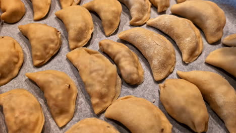 uncooked dumplings arranged on baking sheet with person pointing to one piece before preparation