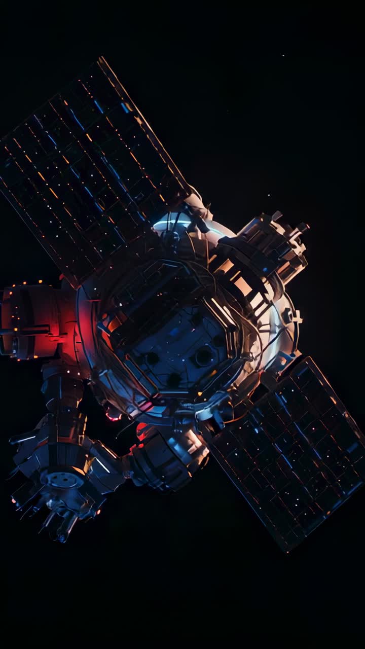 Vertical video: Thruster pulsing spacecraft rotating in space, revealing hatch ports, solar arrays