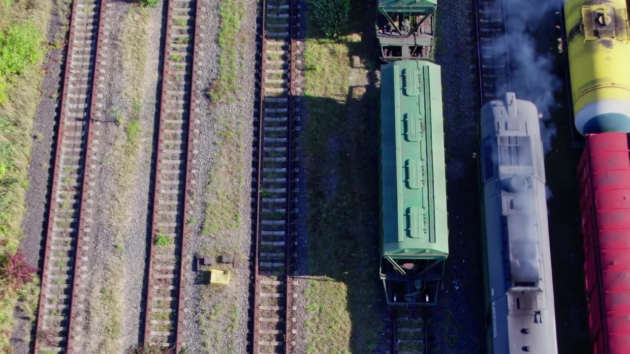 Vagoni ferroviari sui binari vicino a un'area di stoccaggio alla luce del giorno.