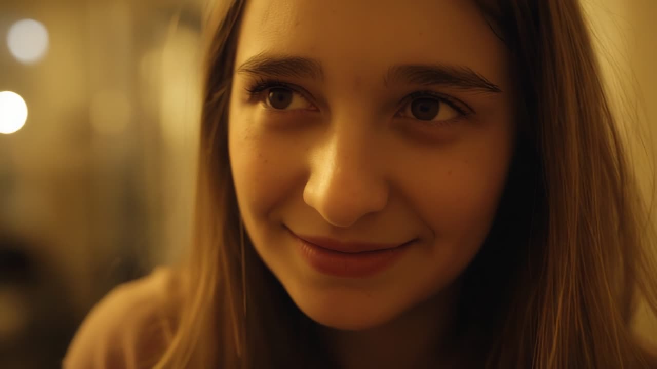 Adolescente sonriente levantando la mirada mientras la cámara se enciende en una habitación cálida, mirada tímida, luces de cadena