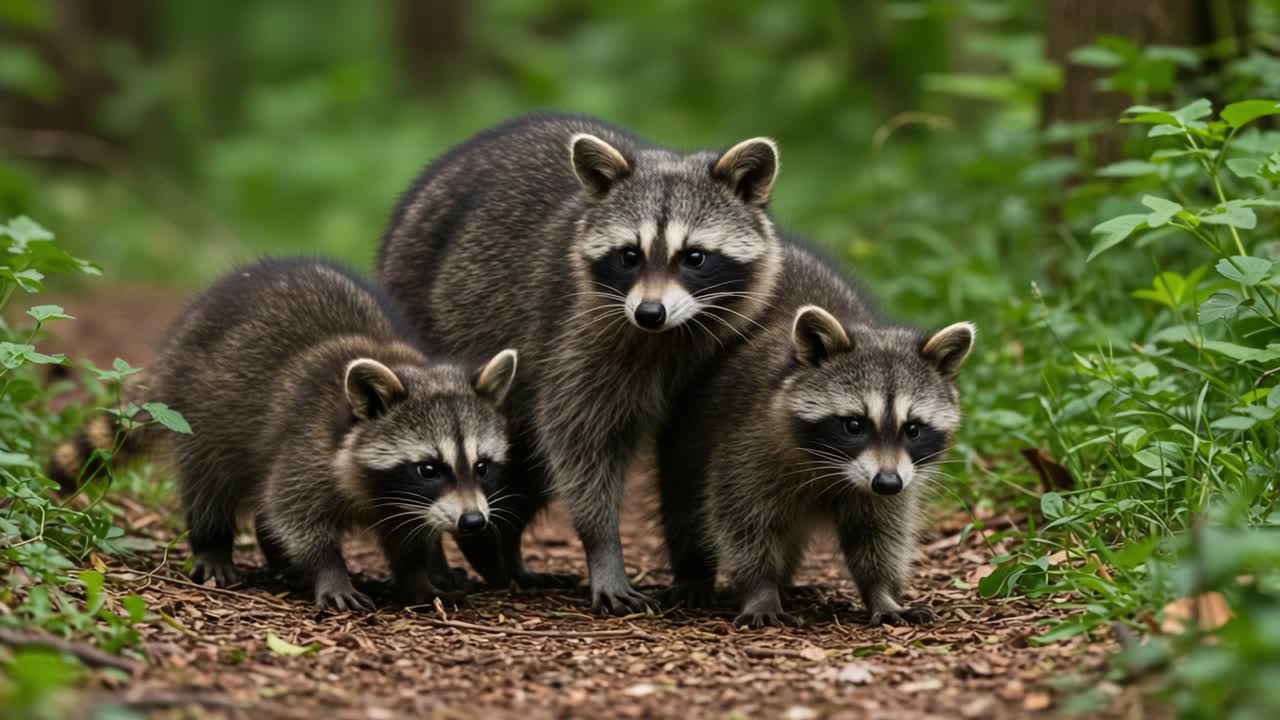 A Family of Raccoons Embarking on an Adventure Through a Lush Forest Trail, Capturing the Beauty of Nature and Wildlife Interactions in Their Natural Habitat