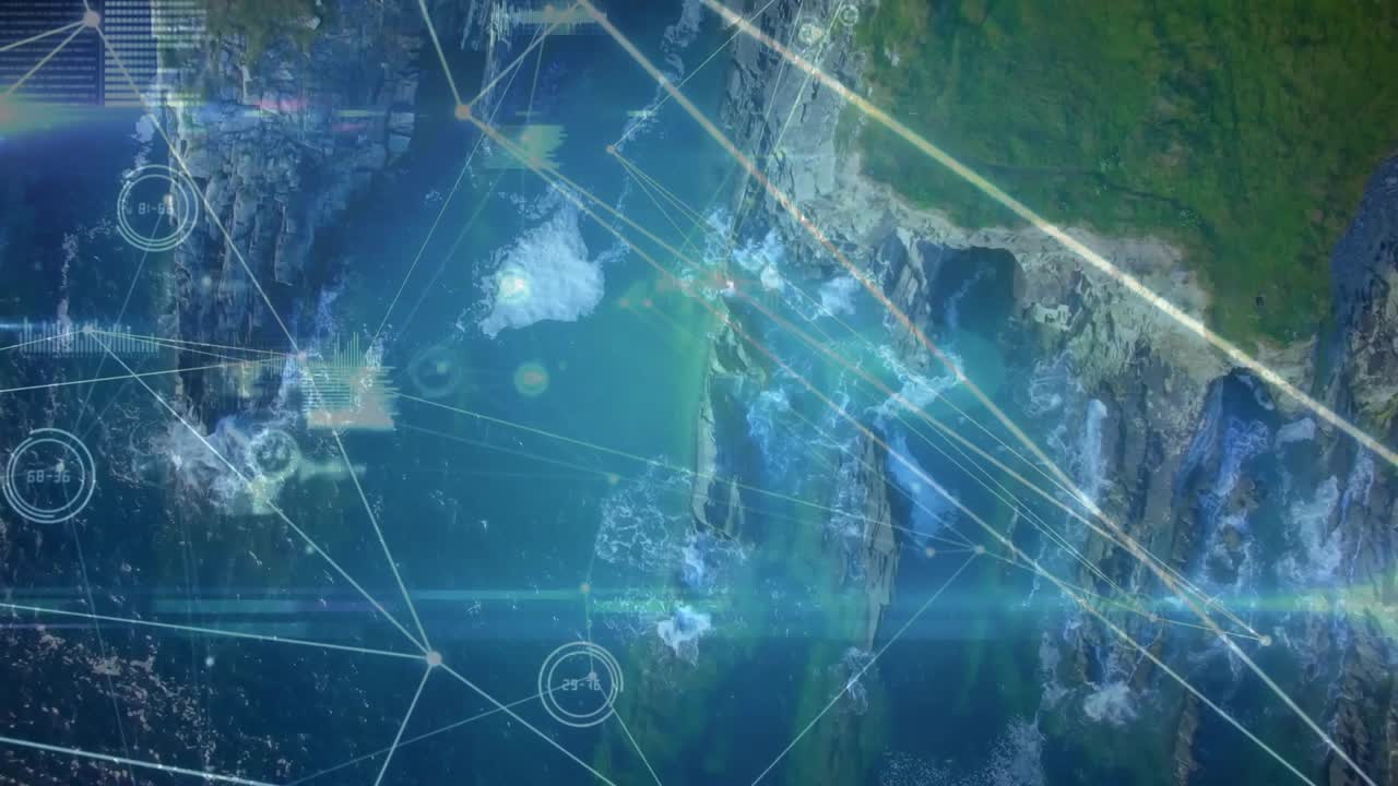 Flickering nodes initiating digital interface buildup on coastal map, mapping network data flow