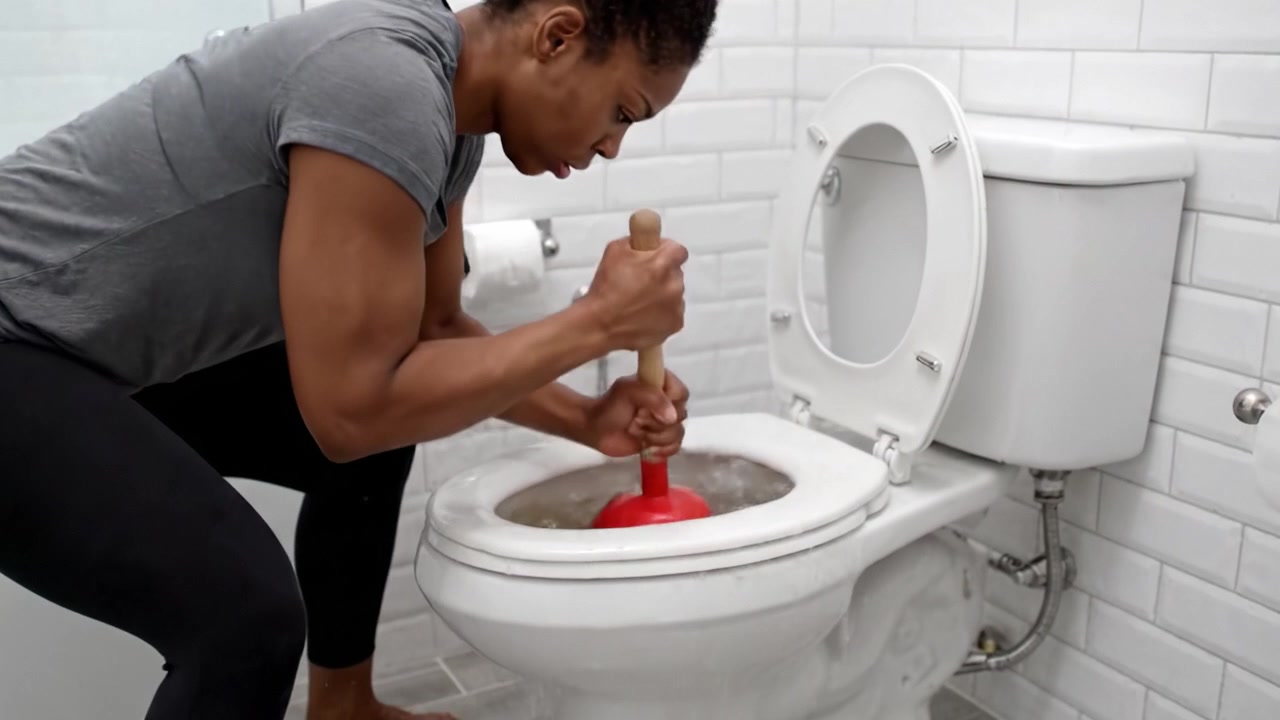 A determined individual tackles a common household challenge by using a plunger to unclog a toilet, showcasing resilience and practicality in domestic maintenance.