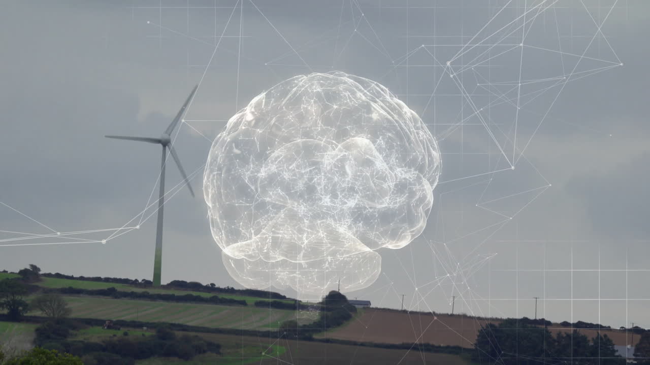 Wind turbine with digital brain animation overlaying rural landscape in background