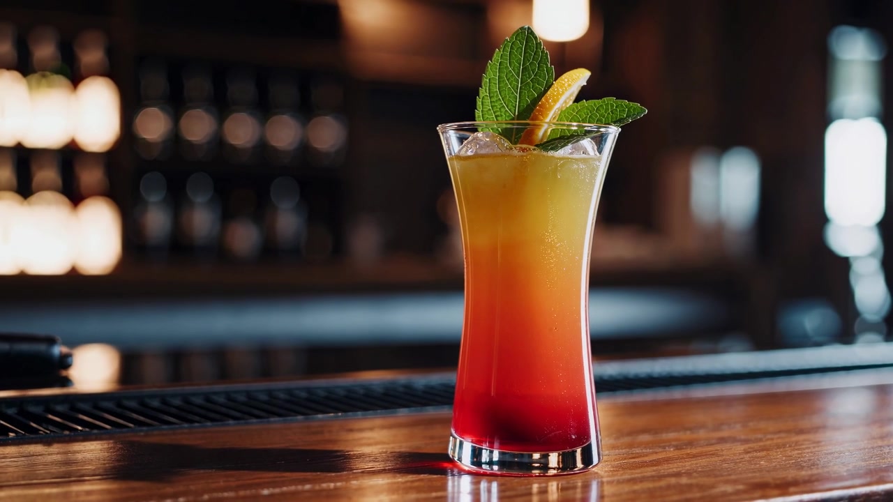 Farverig lagdelt cocktail med mynte- og appelsingarniture på bardisk