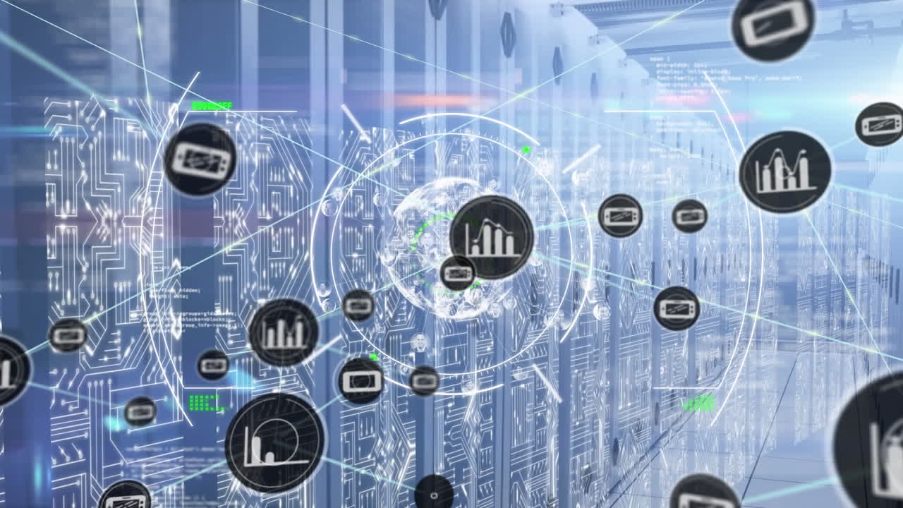 Animation of network of connections with icons and data processing over server room