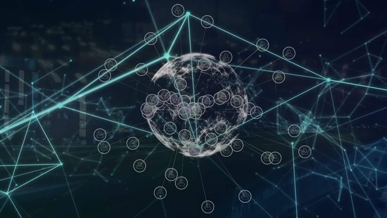 Animation of network of connections with icons and globe over cityscape